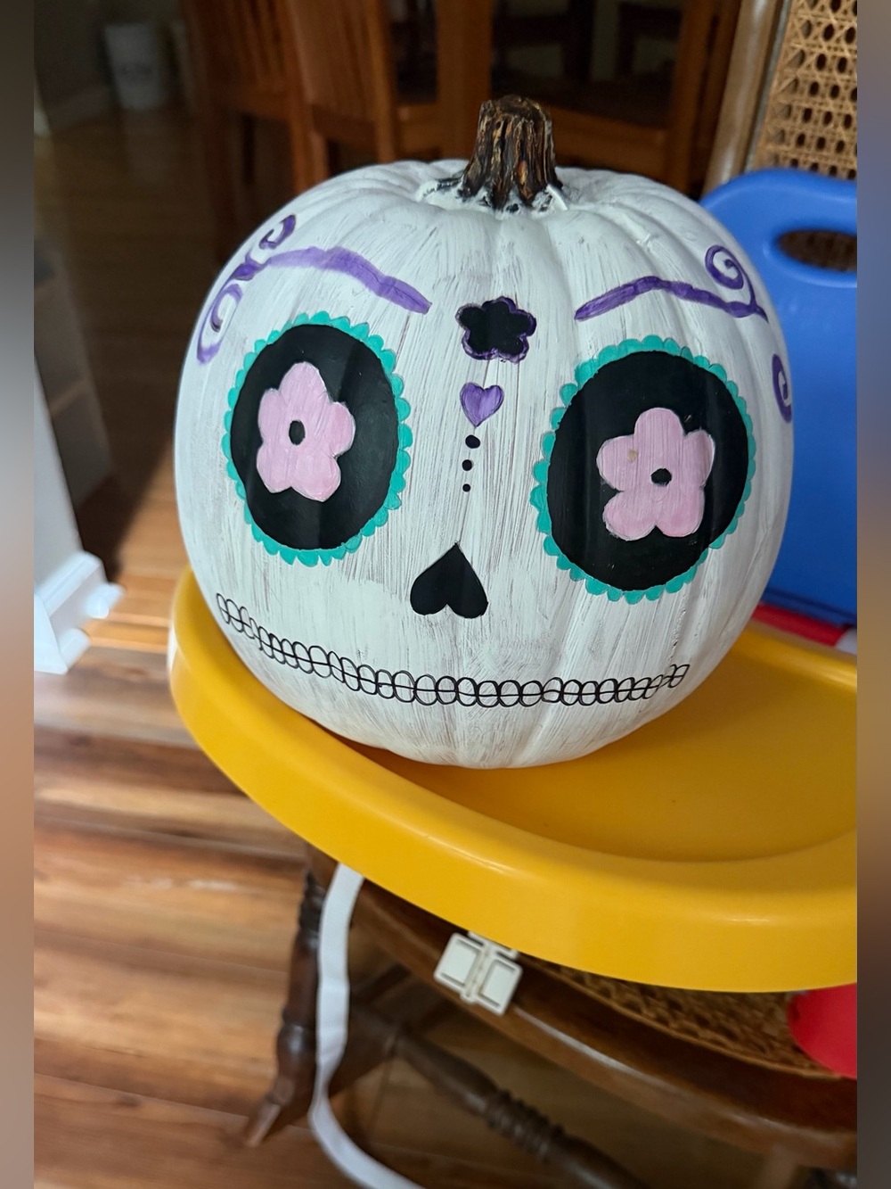 Hand-Painted White Sugar Skull Pumpkin - Day of the Dead Decor